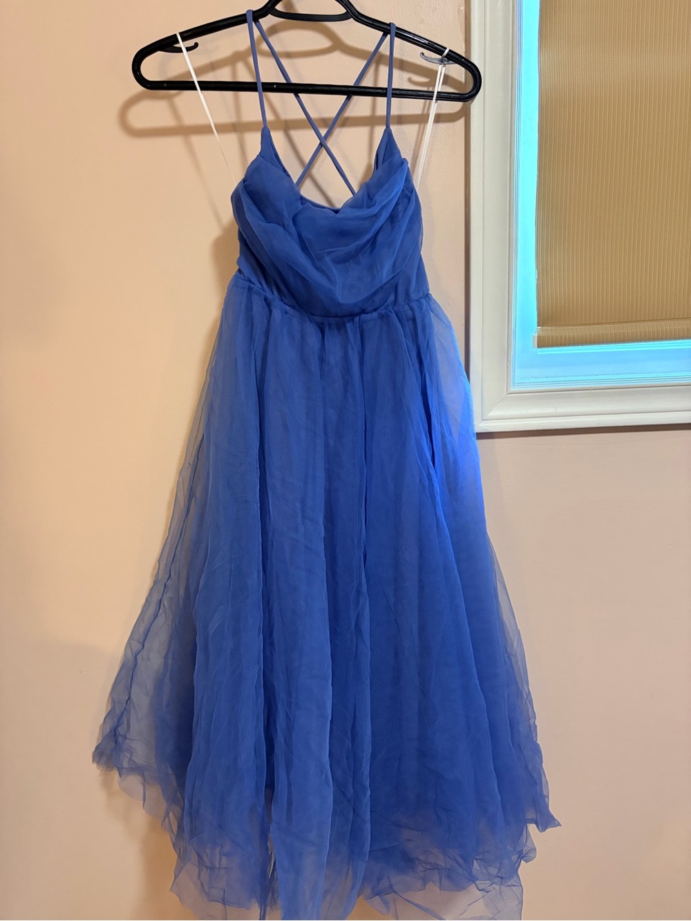 Hello Molly Cobalt Blue Tulle Midi Dress with Crisscross Straps